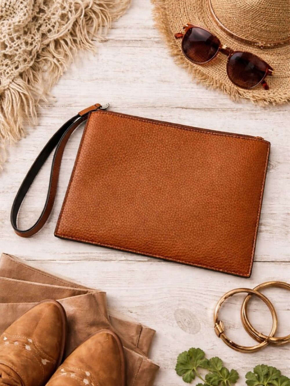 Genuine Leather Brown Wristlet Clutch Minimalist Zip Pouch 8 x 6